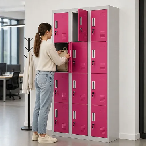 12-Door Steel Locker – Grey with Pink Door, Standard Lock with 2 Keys