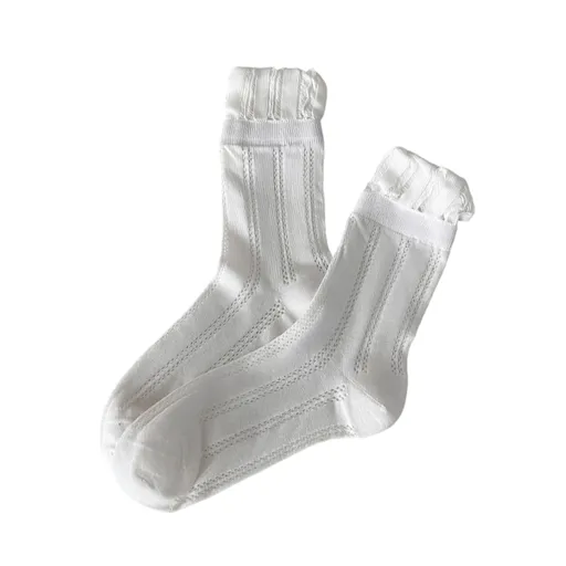 4 Pairs White Women's Lace Trim Socks - Lightweight Sheer Mesh Crew Socks with Ruffle Cuffs, Breathable Solid Colour Fashion Socks for Everyday Wear