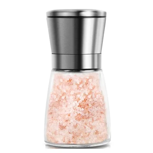 Best Spice Mill with Stainless Steel Cap, Ceramic Blades and Adjustable Coarseness, Refillable Glass Body with 6OZ Capacity