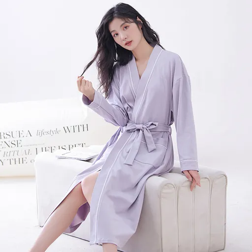Purple 2XL size Women's Cotton Robe — Autumn/Winter Bathrobe & Morning Gown | Long Sleeve, Mid-Length, Plus Size | Loose, Comfortable, and Machine Washable | Suitable for All Seasons