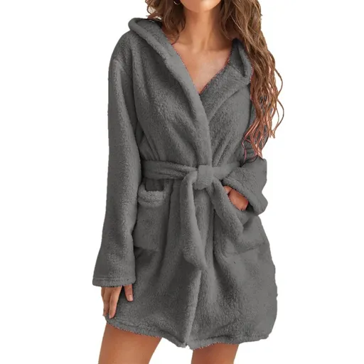 Dark Grey 5XL Size Women's Ultra-Thick Plush Robe with Large Hood & Pockets - Warm Winter Double-Layer Sherpa Fleece Lounge, Bathrobe & Nightwear