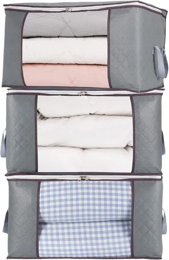 Set of 3 extra large zippered storage bags - Storage bags - with large transparent window - Handles - Affordable - Ideal for storing duvets, pillows, quilts, bedding, clothing, blankets and more - Grey - 60×40×35 cm