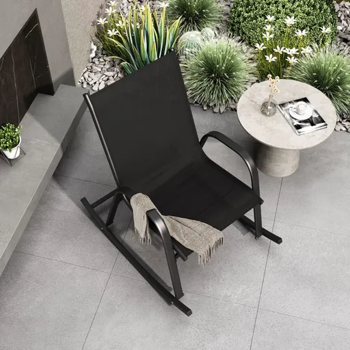Outdoor Rocking Chair High Back Comfortable Steel Metal Textilene Fabric Black
