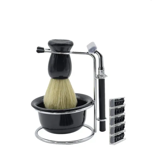 Men's Wet Shaving Kit - Safety Razor, Shaving Brush, Soap Bowl & Stand - Complete Grooming Set with Replacement Blades - Classic Black Bathroom Accessories for Travel and Home Use