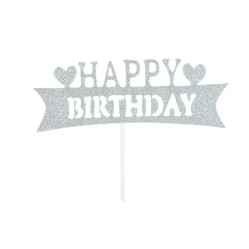 Happy Birthday Cake Topper Colour Printed Acrylic Party Decorations - Silver-Long Strip