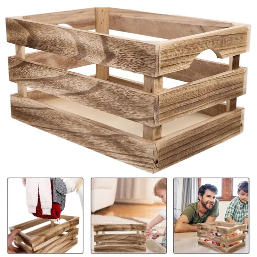 Large Wood Storage Basket Wooden Crate Box for Clothes, Home Organization, Household Storage and Decluttering Solutions