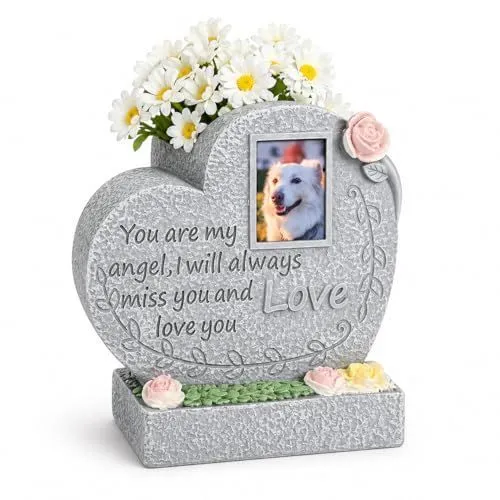Pet Memorial Stone for Loss of Dog or Cat-Resin Dog Memorial Gifts with Flower Language Design-Heartfelt Pet Loss Sympathy Gift-Dog Passing Away Remembrance Keepsake - Gray - Size Angel heart