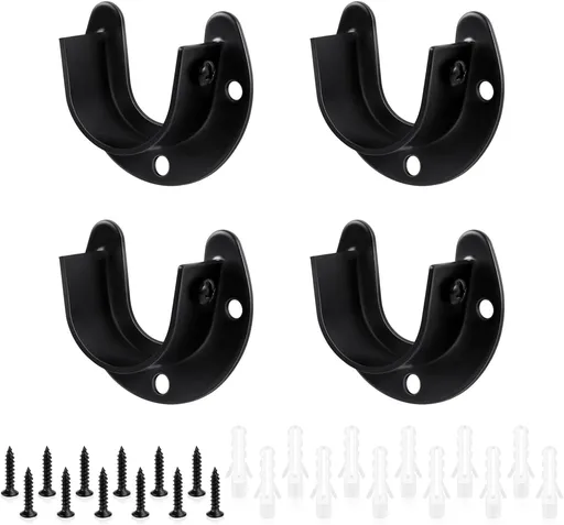 4 Packs Stainless Steel Wardrobe Bracket U-Shaped Rod Socket Flange 1-1/4" Diameter Heavy Duty ClosetBrackets End Supports for Closet Rod with Screws (Black)