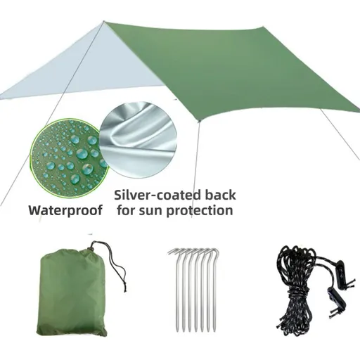 Green 300 x 300cm Waterproof Camping Tarp Shelter Set - Silver Coated Sun Protection, Storage Bag, 6 Guy Ropes and 6 Ground Pegs for Camping, Beach & Outdoor Shade