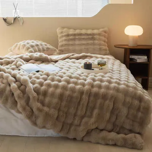 Brown Luxury Tuscany Fleece Rabbit Fur Bubble Blanket - Double-Sided Thickened Soft Plush Large Bedding Set(180x200 CM Large Blanket + 2 Pack 45x45 CM Cushion Cover)