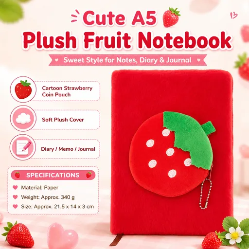 A5 Plush Fruit Notebook with detachable Strawberrie-shaped coin purse — features a soft plush cover and 80 lined pages; a cute design perfect for school use or journaling