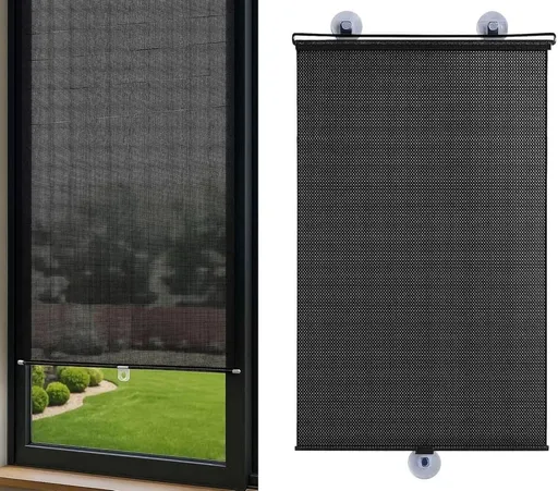 Blackout Curtain with Suction Cups, Removable Window and Car Sunshade, Telescopic Portable Roller Blind, Black, 50×125cm