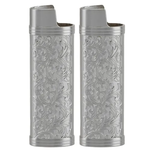 2PCS Lighter Case Cover Vintage Style Floral Stamped Zinc Alloy Shell for Lighter Protection Gray