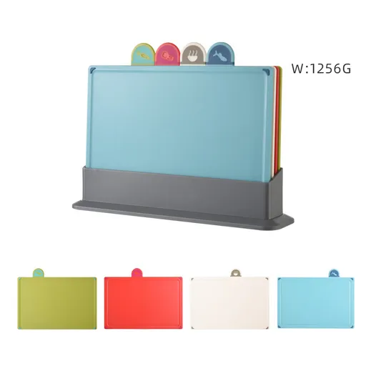 Coloerful 4-Piece Colour-Coded Index Cutting Board Set with Storage Stand - Food-Safe PP, Non-Slip, Easy Clean Kitchen Chopping Boards