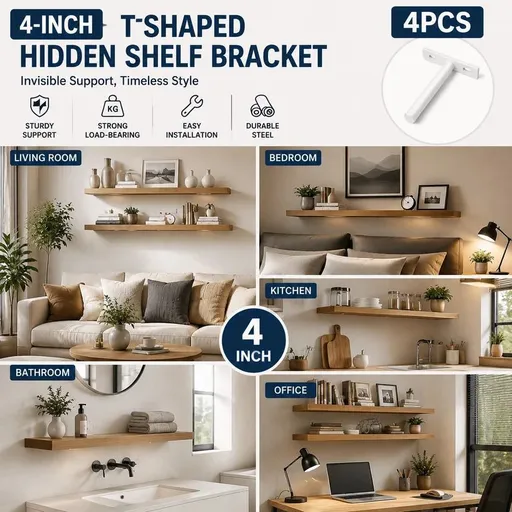 4" White Hidden T Shelf Bracket 4Pcs w/ 5x60&5x80 Screws