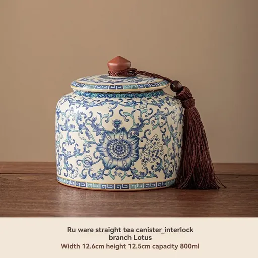 Ru Kiln tea jar, blue-and-white ceramic canister, airtight tea storage, floral tea container, Australian tea accessory - Cyan - Size 2