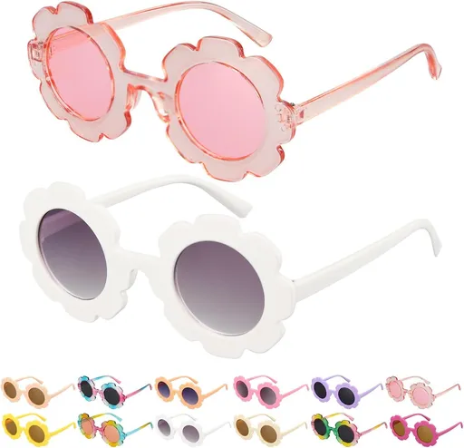 2 Pack Flower Shaped Kids Sunglasses, Round Outdoor Eyewear Set for Dress Up, Parties, Holidays, Photos and Everyday Sun Protection