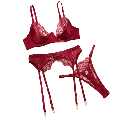 House Of Dasein Sexy Embroidered Lace Bra Underwear Hollow Out Three Piece Backless Women's Lingerie With Silk Stockings - Wine Red - S