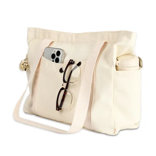 Canvas Tote Bag Multiple Pockets Durable Canvas Zipper Closure Spacious Design - Beige - Size 13.7in*11.2in*5.5in