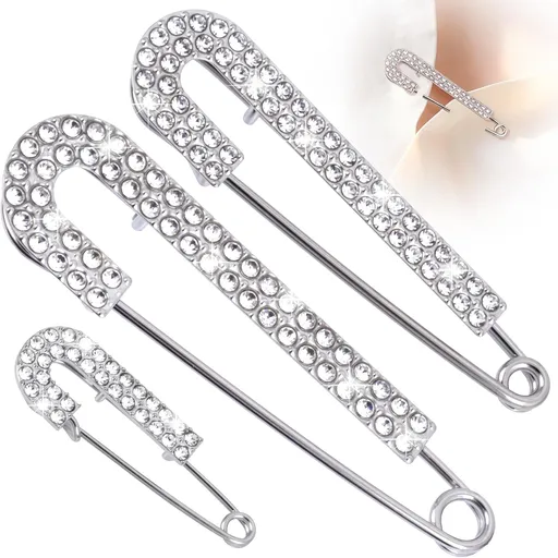 3pcs Large Rhinestone Safety Pins, Sparkly Decorative Brooch Pins for Clothes, Shiny Crystal Brooch Clips for Sweaters Shawl Scarf Jeans Skirts Dress Hat Decor- Silver