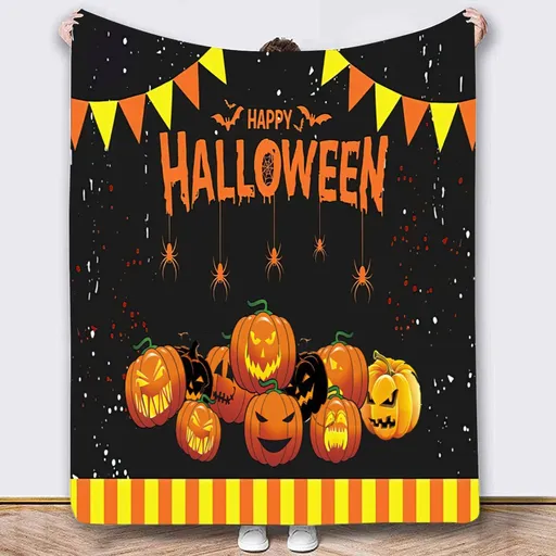 Halloween Throw Blanket Cozy Microfiber Blanket Soft Flannel Throw Festive Home Pumpkin Holiday - Orange-Black - Size 130cm*150cm