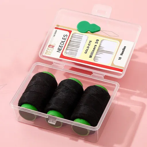 Portable Mini Sewing Kit (Black Line)- Compact Clothing Repair Set with 3 Thread Spools, Hand Sewing Needles, Needle Threader and Storage Box for Home and Travel