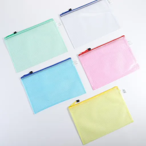 5pcs Mesh Zipper Pouch Document Bag, 5 Colors Plastic Zip File Folders, Letter Size/A6 Size, PVC Waterproof (A6 4.1" x 9.25")