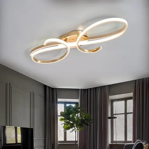 BAMDECOR AD2576 Modern Minimalist Curved Line Iron Aluminum Silicone LED Semi-Flush Mount Ceiling Light For Living Room (Gold)