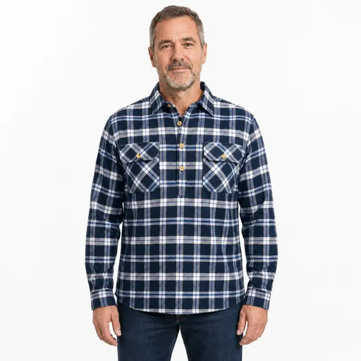 Mens Half Placket Flannelette Long Sleeve Pullover Shirt 100% Cotton Check Authentic Flannel - White/Blue Denim