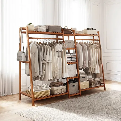 Portable Clothes Rack Coat Garment Stand Bamboo Rail Hanger Airer Closet