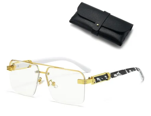 Square Rimless Diamond Cut Sunglasses with Black PU Leather Storage Case - Gold Frame Marble White Sunscreen Glasses for Men & Women
