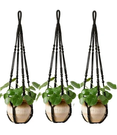 3 pcs Bohemian Plant Hanger for Indoor Plants with Braided Rope Beads and Lace Decoration, 35 Inch, Black