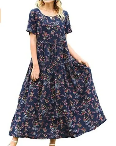 Women Floral Long Dress Short Sleeve Polyester Picture Color 3 M Size: M; Height (cm): 160-165; Weight (kg): 50-55; Bust (cm): 86-90; Waist (cm): 70-74; Shoulder width (cm): 38; Length (cm): 60