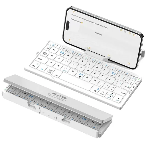 Foldable Bluetooth Keyboard with Magnetic Stand,Aluminum Alloy Mini Quiet Folding Portable Lightweight Travel Rechargeable Pocket for Tablet,iPad, Phones - White - Size 20.25*8.92cm