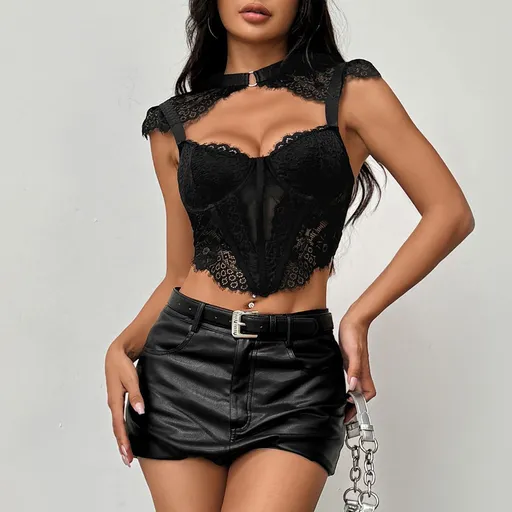 House Of Dasein Sexy Transparent Lace Up Fishbone Bralette Spicy Small Camisole - Black - L