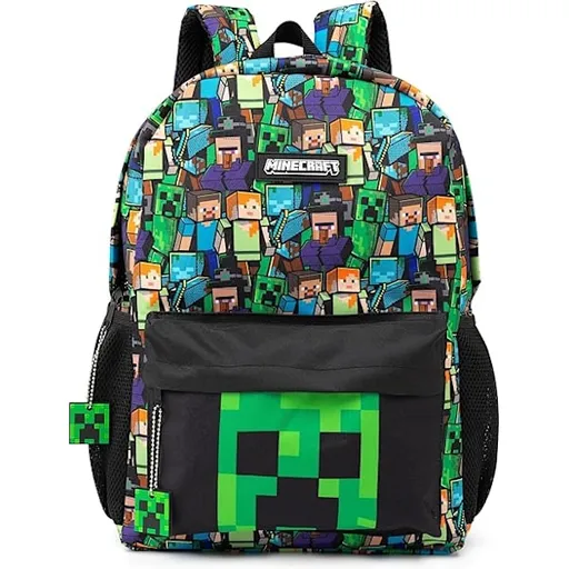 Minecraft Backpack for Boys | Black School Bag for Kids | Green Creeper Zombie Skeleton Enderman & Cave Spider-max