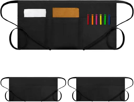 Waitress Server Apr with 3 Pockets, Water Resistant Black Half Waist Apr with Pockets, 12 Inch Waist Server Aprs