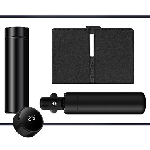 Luxury Corporate Gift Set Temperature Display Bottle Auto Umbrella Notebook, Premium Business Office Gift Hamper, All Weather Practical Employee Client Present-black