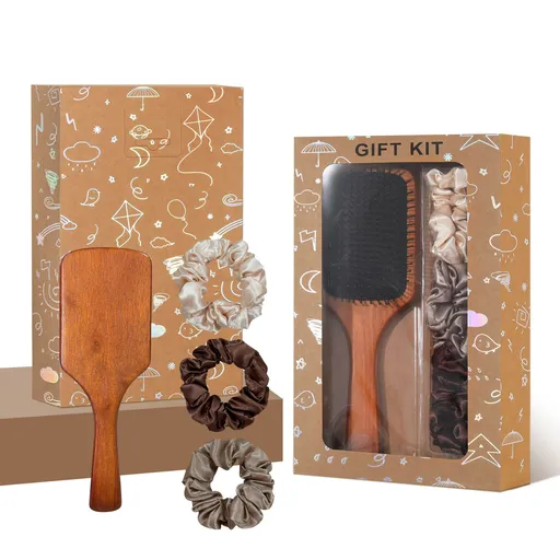 Black Paddle Hair Brush Gift Set with Satin Scrunchies - Cushion Airbag Design for Scalp Massage and Detangling, Gift Ready Pack for Women and Girls, Ideal for Daily Hair Care and Styling