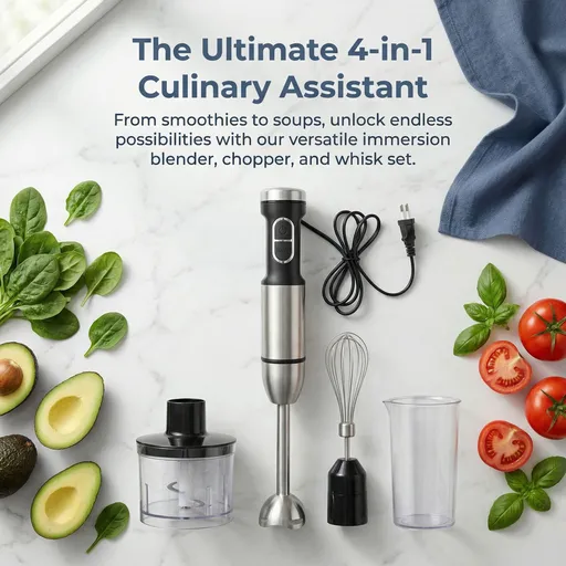 4-in-1 Hand Blender, Blends, Chops, Whisks, and Grinds All in One Machine, 25-Speed Adjustment with TURBO Boost, Splash-Proof and Easy to Disassemble and Clean – Your All-in-One Kitchen Partner.