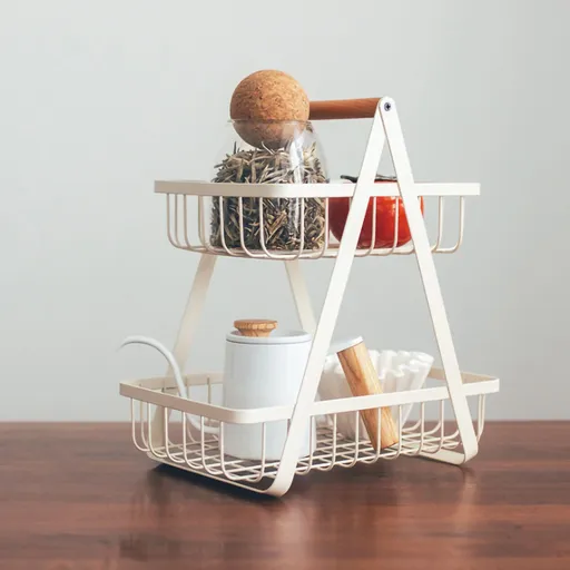 Storage Basket Iron Wood 2 Layers Detachable Fruit Vegetable Shelf Rack for Living Room Kitchen Desktop White