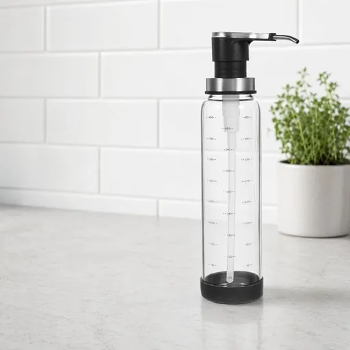 Black Glass Kitchen Pump Dispenser for Syrup, Honey, Jam Storage with Stainless Steel and Practical Design