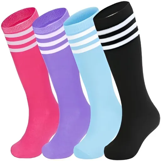 4 Pairs Kids Soccer Socks Baseball Softball Socks Youth Athletic Socks Boys Girls Knee High Socks Blue/Purple/Pink Black 6-9 Years