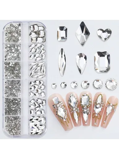 12 Grids Clear Nail Art Rhinestones 6 Types White Diamonds 6 Sizes Flat Crystals For 3D Decorations Flat Back Stones Gems 1.5-4.3Mm DIY Charms