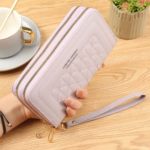 Light Purple Womens Embroidered Double Zipper Long Trifold Wallet - 19 x 10 x 4.5cm Large Capacity PU Leather Clutch with Cash Card Phone Slots and Zipper Pocket