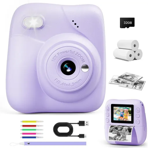 48MP Kids Digital Camera with Instant Print, 1080p FHD, 10x Zoom, 32GB Memory Card, 3-inch Screen, Purple