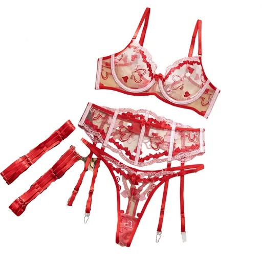 House Of Dasein Sexy Cupid Contrast Heart Embroidery Mesh Boned Waist Bow Women's Lingerie - Red - L