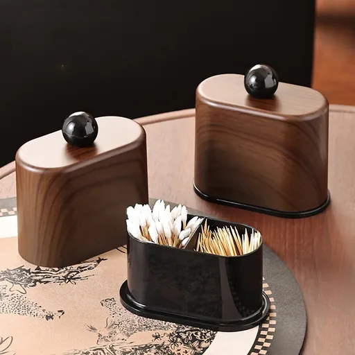 Cotton Swab Storage Holder with Lid, Wooden Look Bathroom Organiser for Earbuds, Makeup and Small Desk Items, Dark Brown