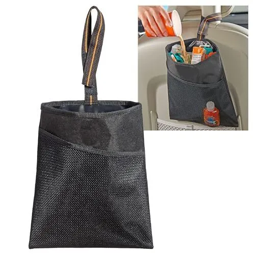 2Pack Small Car Trash Bag with Waterproof Liner and Storage Pocket | Hanging Car Garbage Bag Holds Wet and Dry Car Trash Without Taking Up Floor or Legroom Space - Black - Size 2Pack