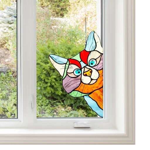 Peeking Cat Suncatcher, Funny Window Corner Decor, Funny Stained Glass Window Corner Decor, Cat Sticker